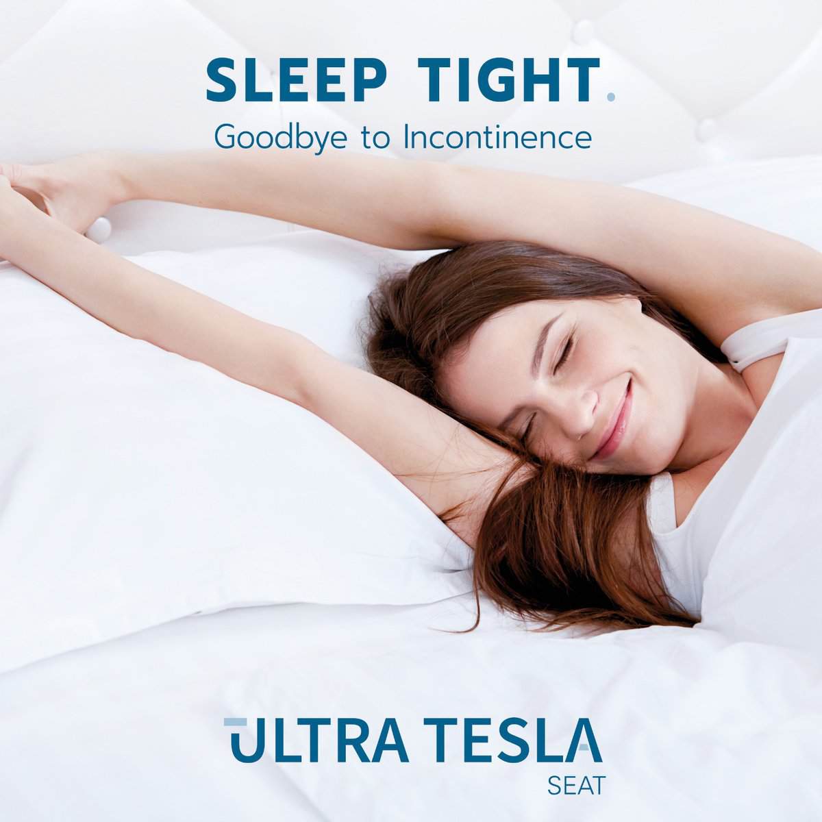 Sleep Right Woman smiling in bed, promoting incontinence solution.